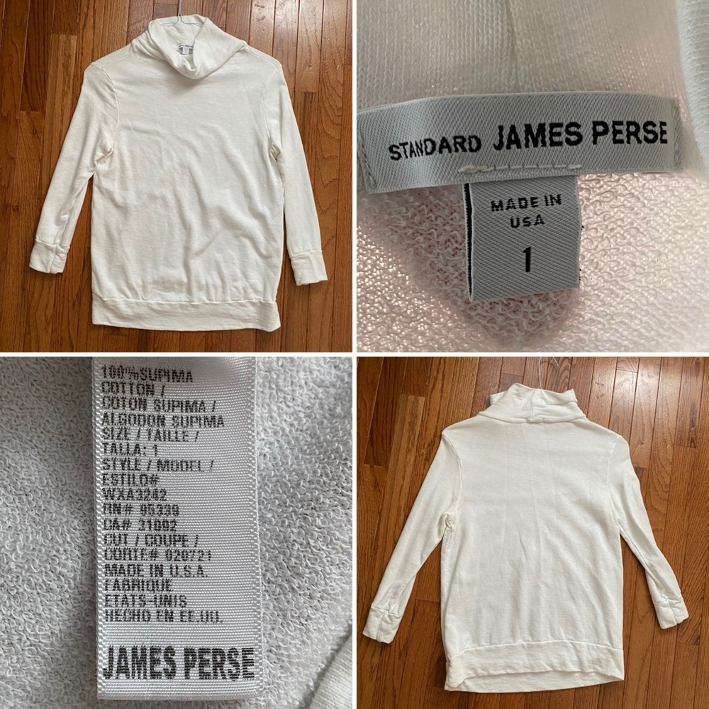 JAMES PERSE $189 White Cotton Womens Cowl Terry Turtleneck Top Tee 1 = Small